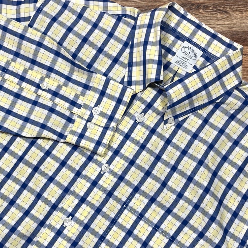 Brooks Brothers Regent Button Down Shirt Mens L‎ Yellow & Blue Check Plaid